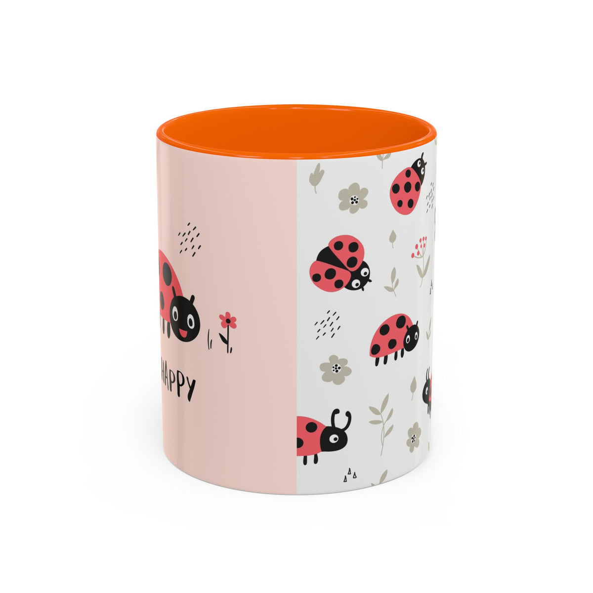 Ladybug Pattern Accent Coffee Mug — Cute Pink Floral 11/15oz