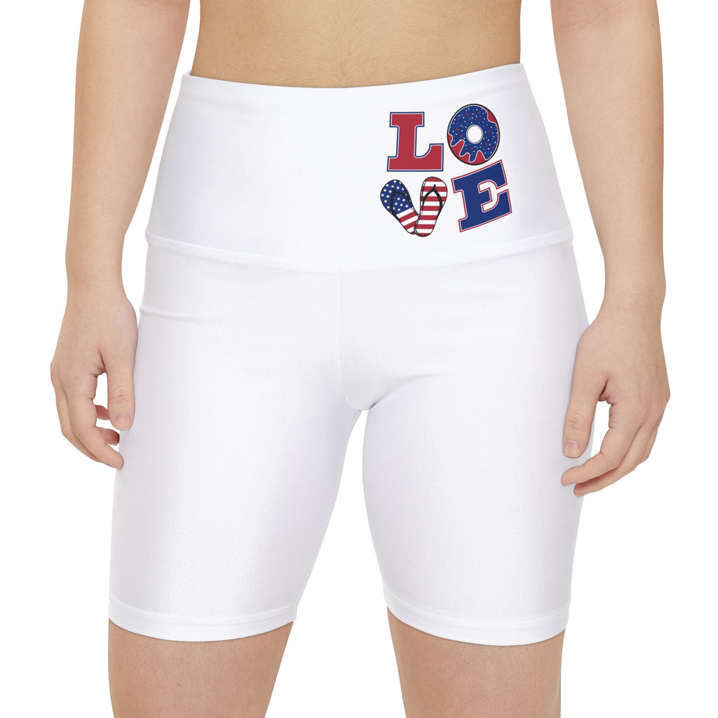 Patriotic "LOVE" Women's Workout Shorts - American Flag High-Waist Bike Shorts