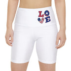 Patriotic "LOVE" Women's Workout Shorts - American Flag High-Waist Bike Shorts