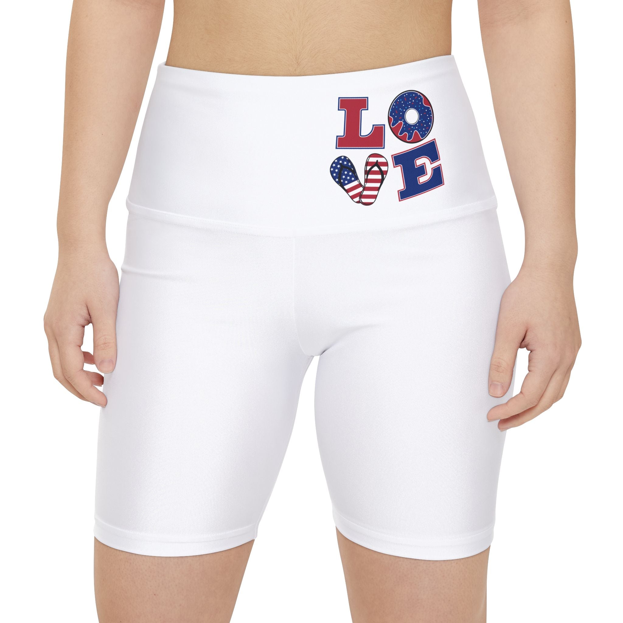 Patriotic "LOVE" Women's Workout Shorts - American Flag High-Waist Bike Shorts