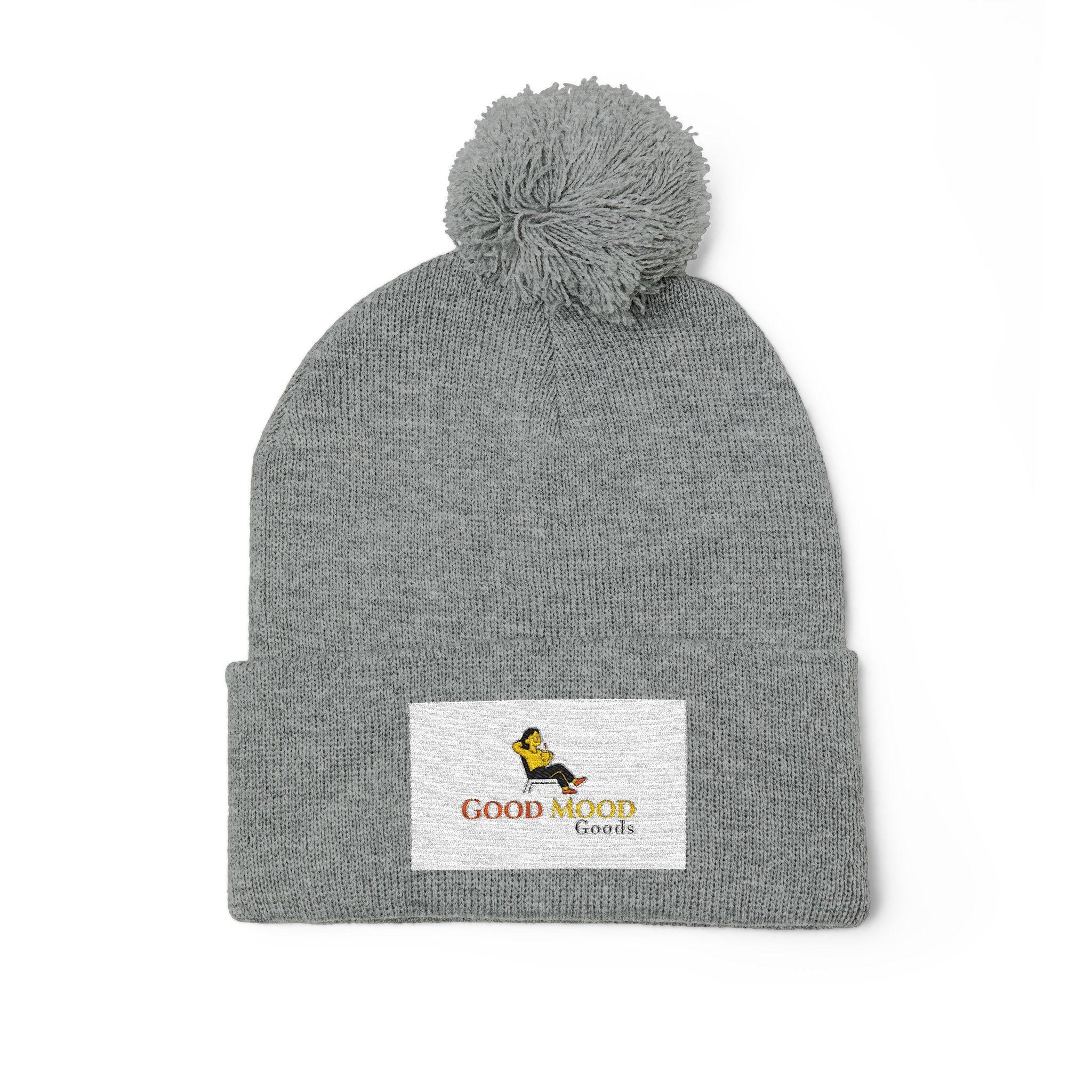 Embroidered Pom-Pom Beanie — Cozy Gray Knit Cap with Logo Patch