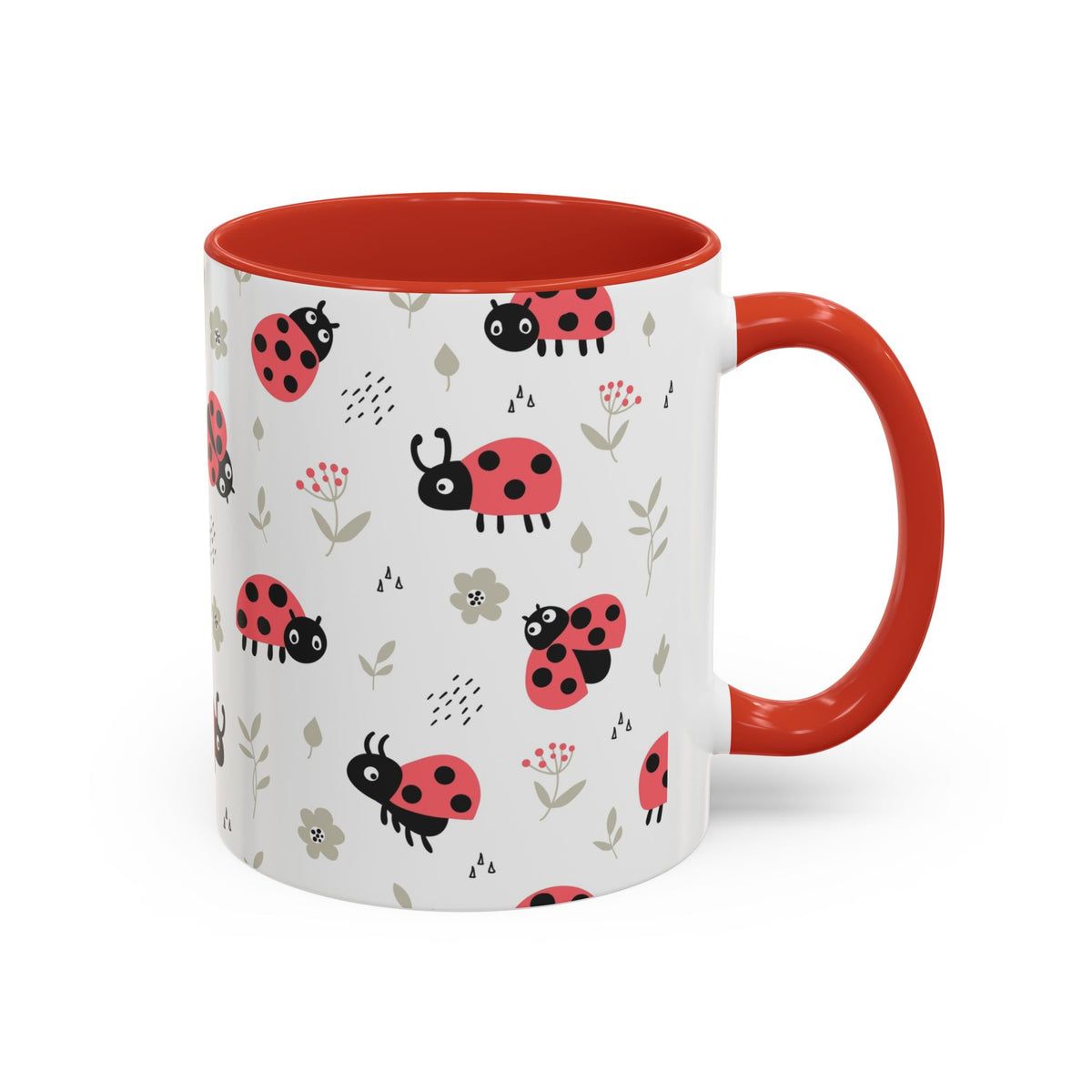 Ladybug Pattern Accent Coffee Mug — Cute Pink Floral 11/15oz