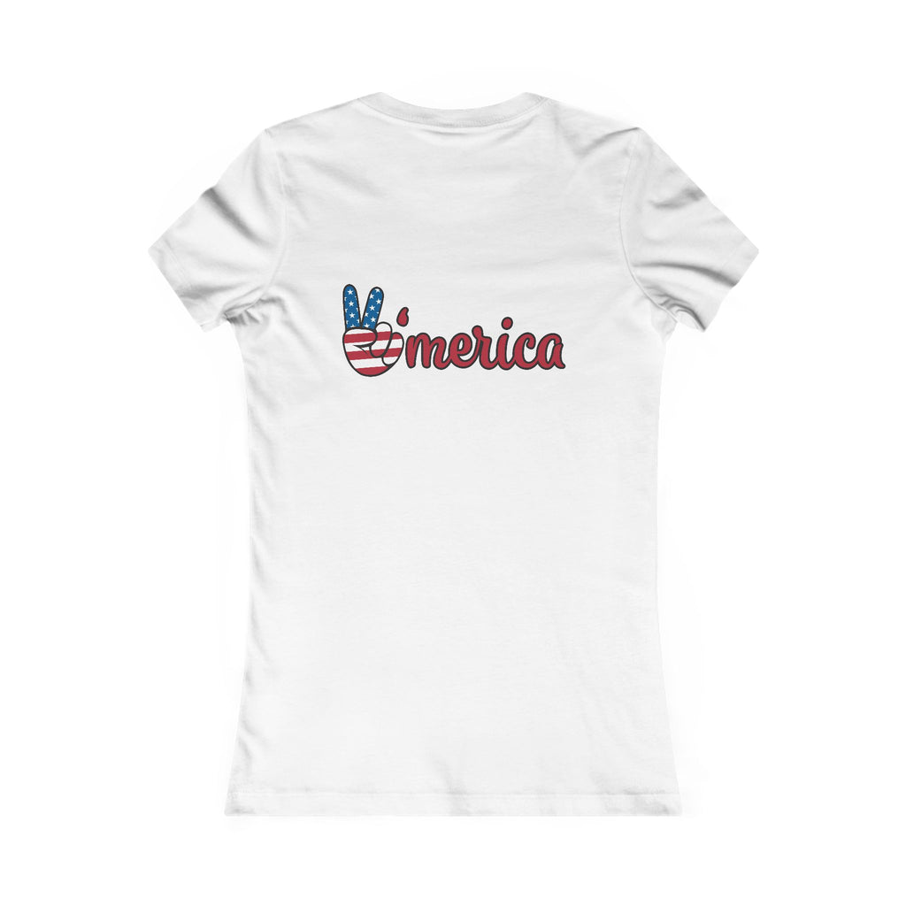 Women's Tee - 'LOVE' American Flag Design | 'Merica' Back Peace Sign Patriotic T-Shirt