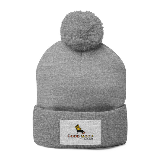 Embroidered Pom-Pom Beanie — Cozy Gray Knit Cap with Logo Patch