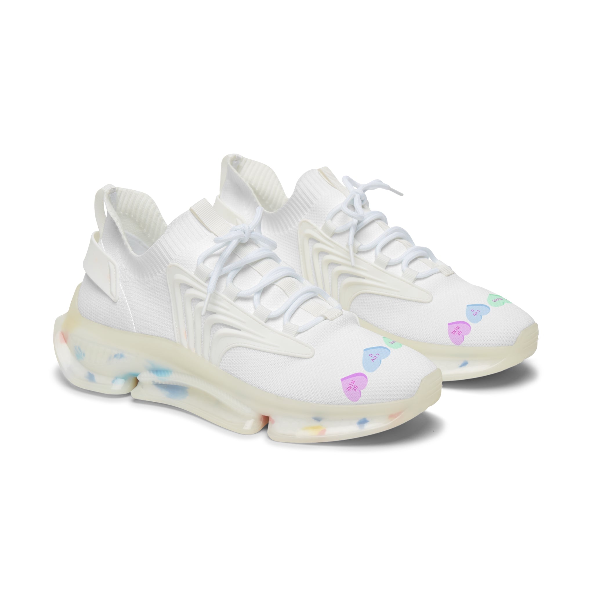 Mesh Sneakers — White Heart Candy Print Athletic Shoes