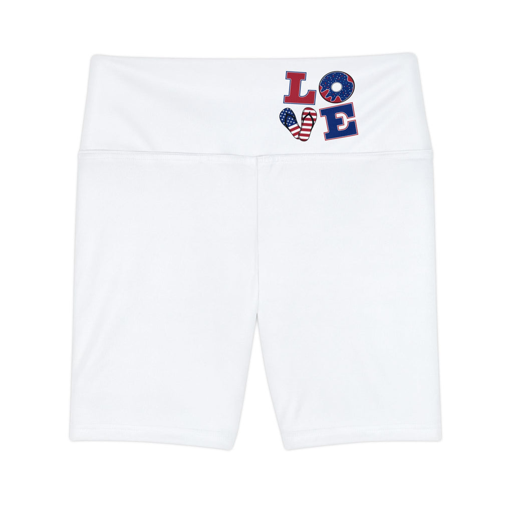 Patriotic "LOVE" Women's Workout Shorts - American Flag High-Waist Bike Shorts