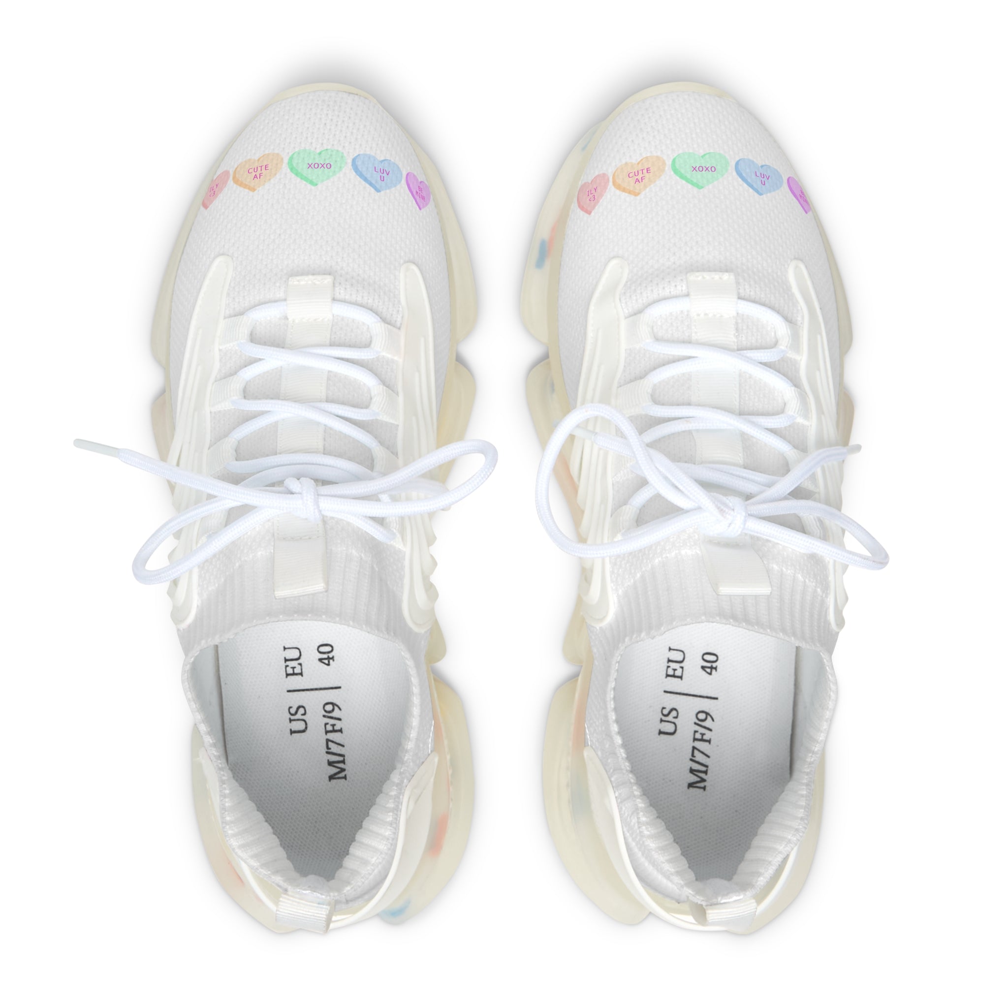 Mesh Sneakers — White Heart Candy Print Athletic Shoes